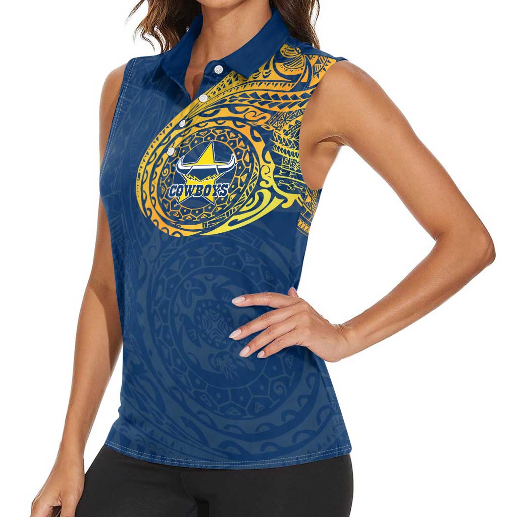 Personalized North Queensland Cowboys Women Sleeveless Polo Shirt Polynesian Tribal Chest and Sleeve Tattoo