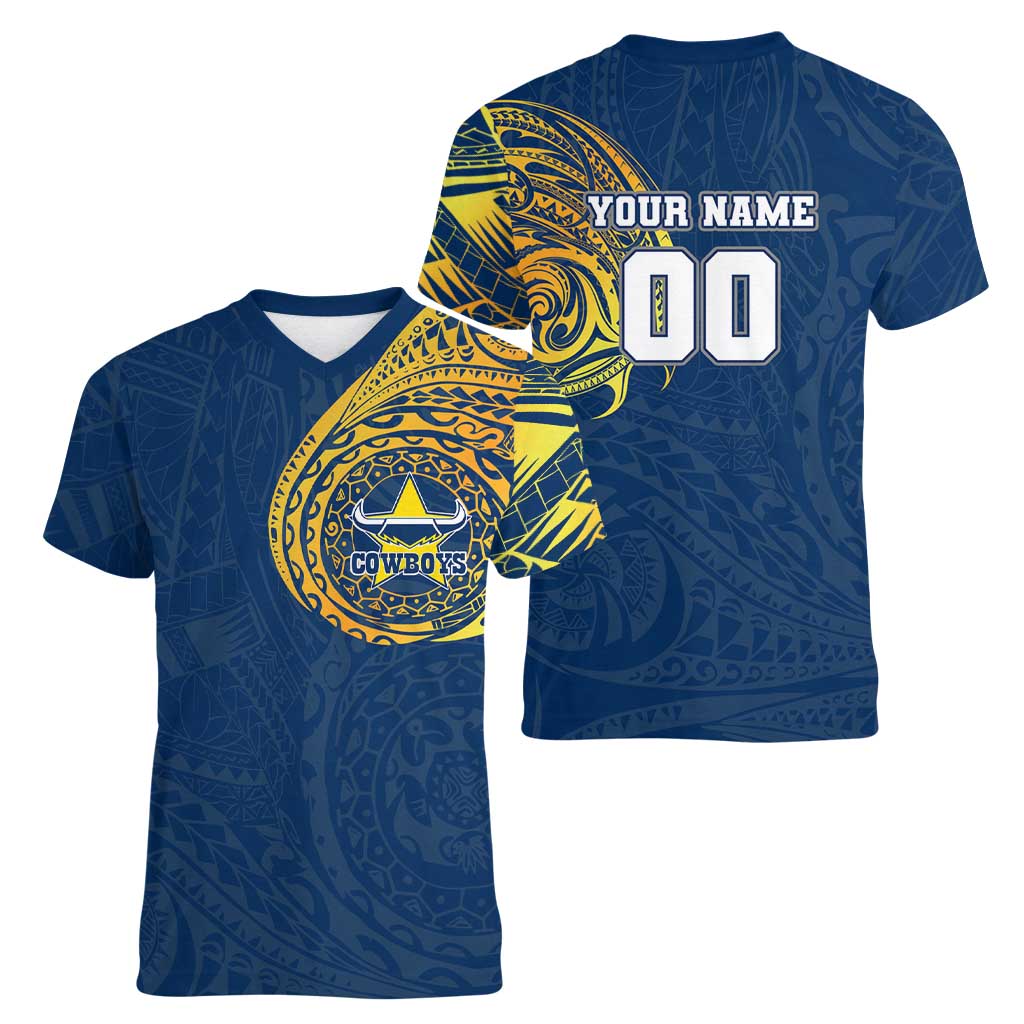 Personalized North Queensland Cowboys Women V-Neck T-Shirt Polynesian Tribal Chest and Sleeve Tattoo