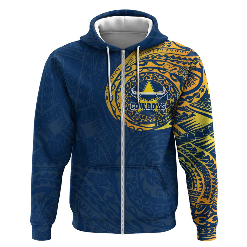 Personalized North Queensland Cowboys Zip Hoodie Polynesian Tribal Chest and Sleeve Tattoo