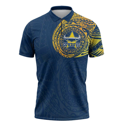 Personalized North Queensland Cowboys Zipper Polo Shirt Polynesian Tribal Chest and Sleeve Tattoo