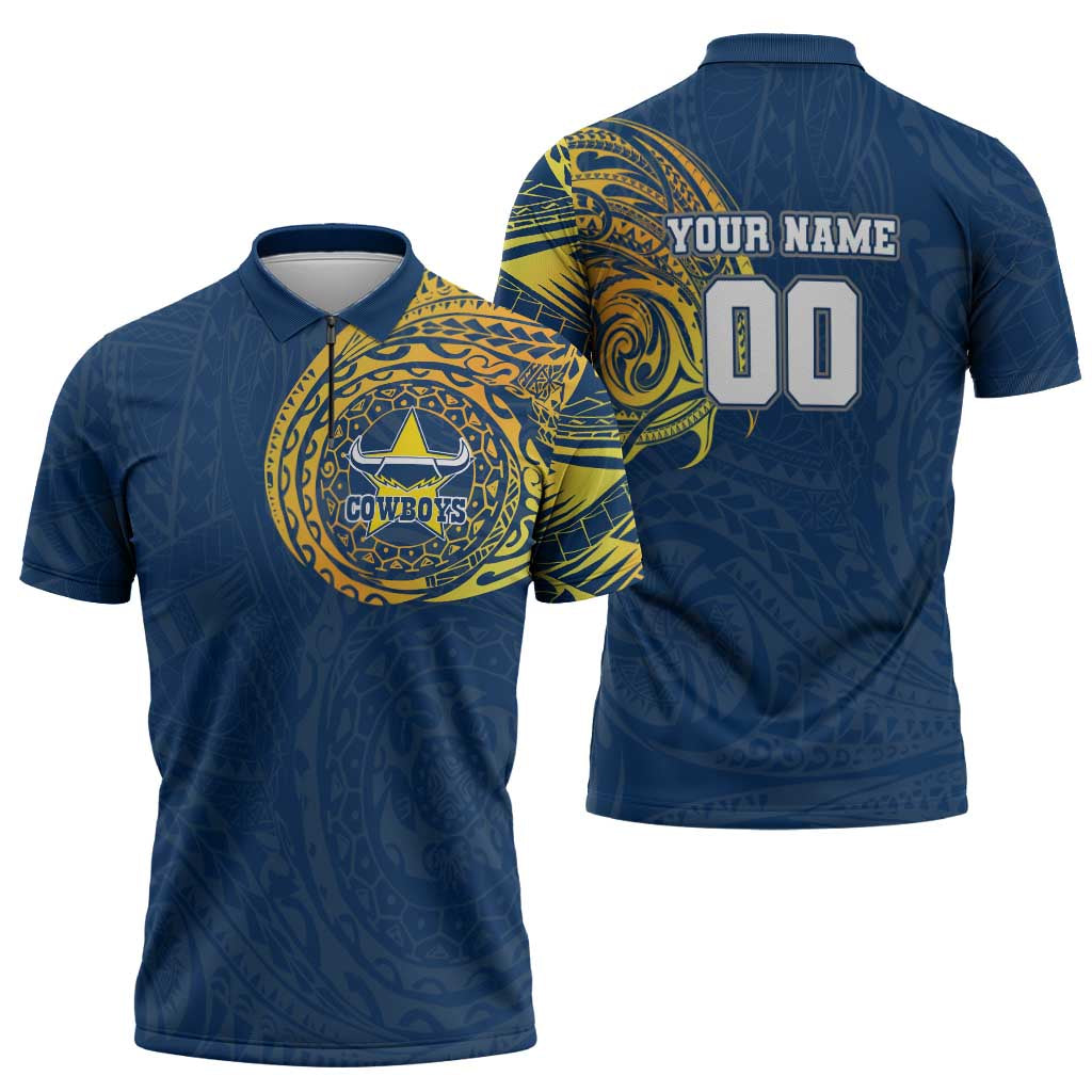 Personalized North Queensland Cowboys Zipper Polo Shirt Polynesian Tribal Chest and Sleeve Tattoo
