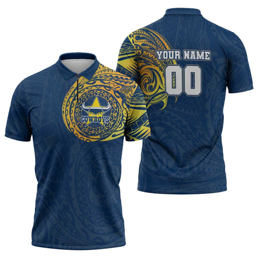 Personalized North Queensland Cowboys Zipper Polo Shirt Polynesian Tribal Chest and Sleeve Tattoo