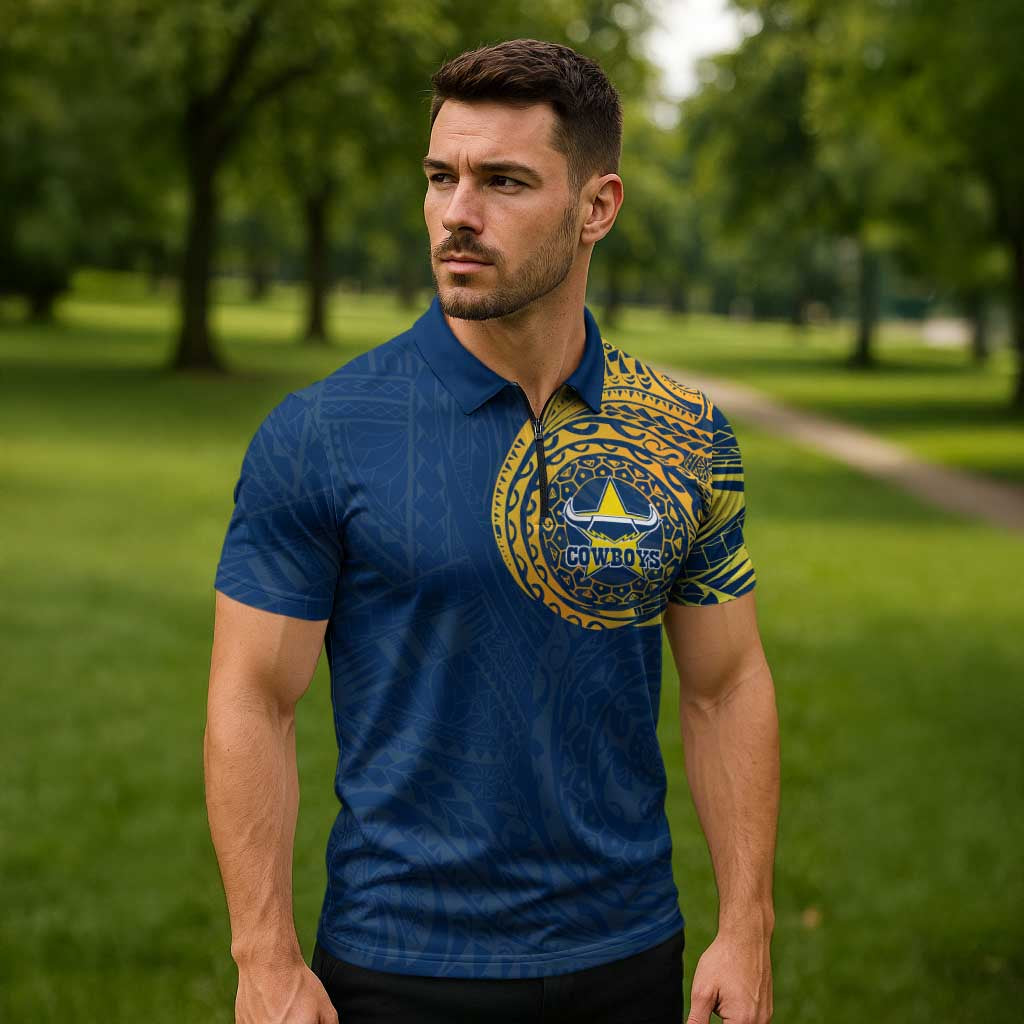 Personalized North Queensland Cowboys Zipper Polo Shirt Polynesian Tribal Chest and Sleeve Tattoo