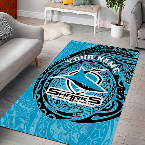 Personalized Cronulla Sutherland Sharks Area Rug Polynesian Tribal Chest and Sleeve Tattoo