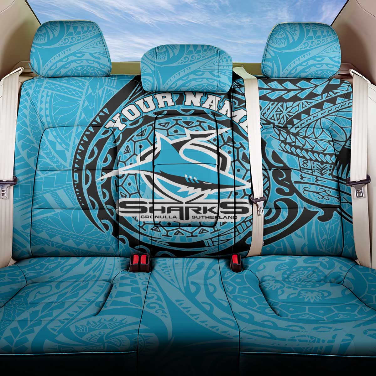 Personalized Cronulla Sutherland Sharks Back Car Seat Cover Polynesian Tribal Chest and Sleeve Tattoo