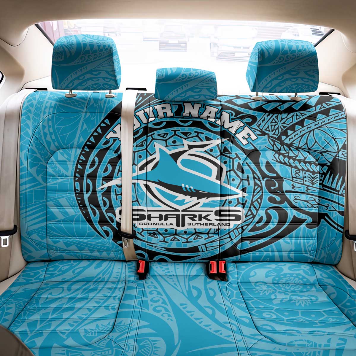 Personalized Cronulla Sutherland Sharks Back Car Seat Cover Polynesian Tribal Chest and Sleeve Tattoo