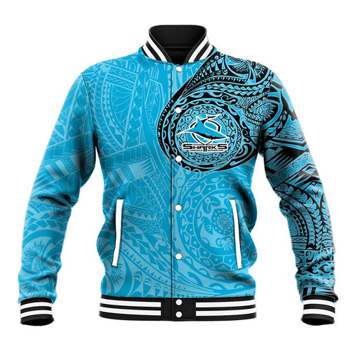 Personalized Cronulla Sutherland Sharks Baseball Jacket Polynesian Tribal Chest and Sleeve Tattoo