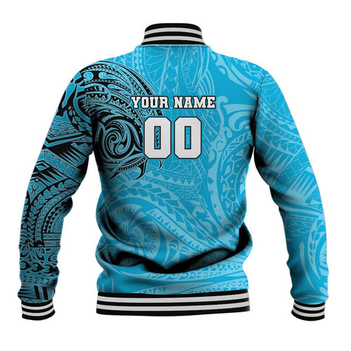 Personalized Cronulla Sutherland Sharks Baseball Jacket Polynesian Tribal Chest and Sleeve Tattoo