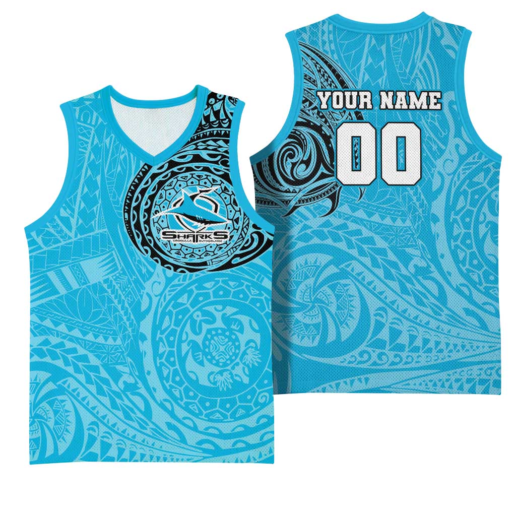 Personalized Cronulla Sutherland Sharks Basketball Jersey Polynesian Tribal Chest and Sleeve Tattoo