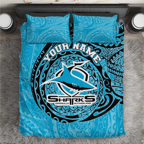 Personalized Cronulla Sutherland Sharks Bedding Set Polynesian Tribal Chest and Sleeve Tattoo