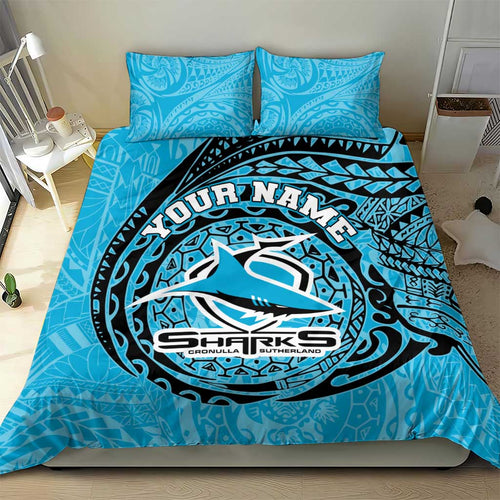 Personalized Cronulla Sutherland Sharks Bedding Set Polynesian Tribal Chest and Sleeve Tattoo