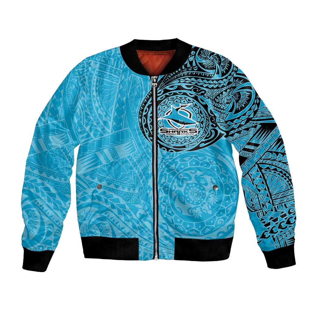 Personalized Cronulla Sutherland Sharks Bomber Jacket Polynesian Tribal Chest and Sleeve Tattoo