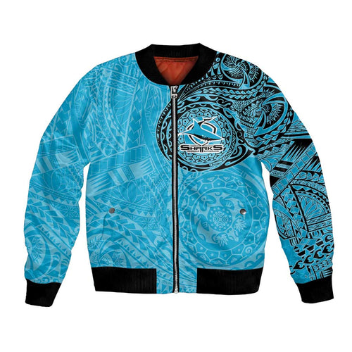 Personalized Cronulla Sutherland Sharks Bomber Jacket Polynesian Tribal Chest and Sleeve Tattoo