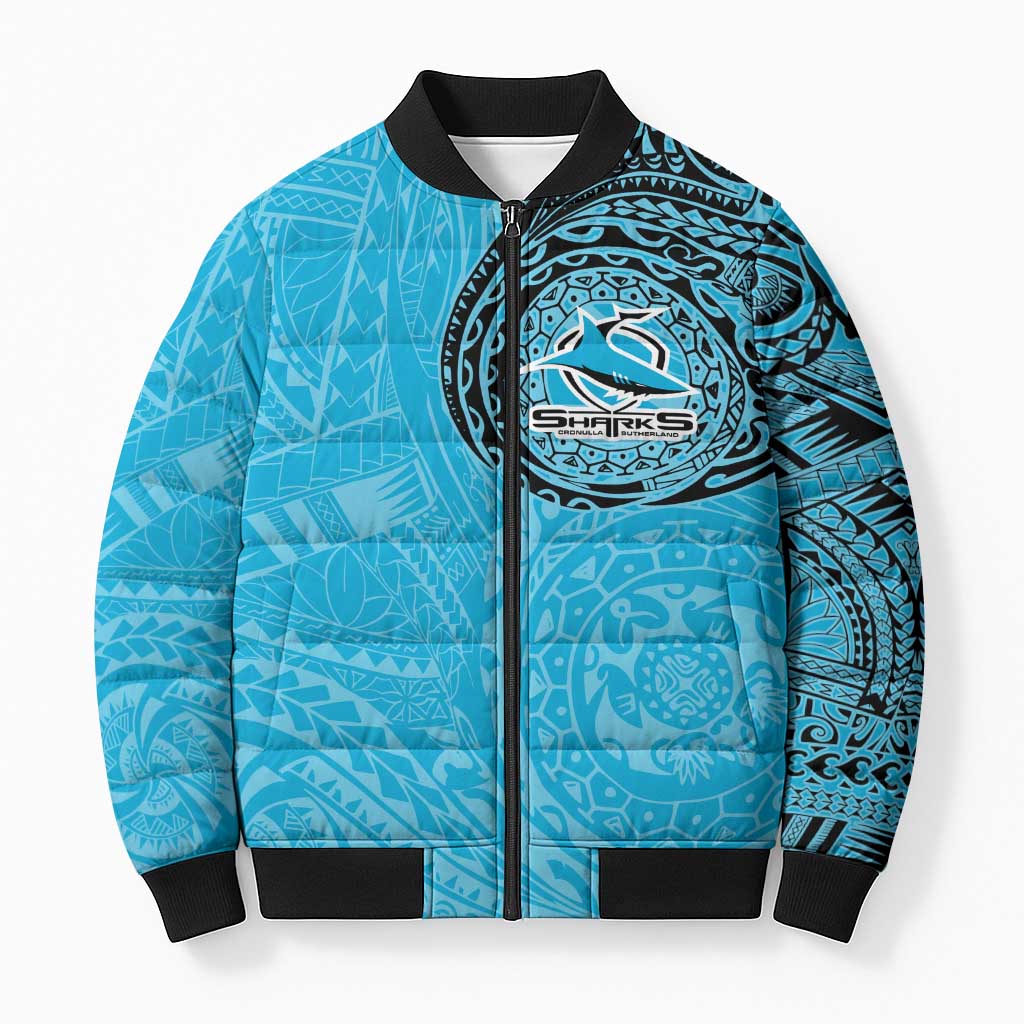Personalized Cronulla Sutherland Sharks Bomber Puffer Jacket Polynesian Tribal Chest and Sleeve Tattoo