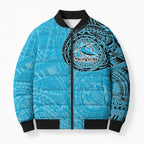 Personalized Cronulla Sutherland Sharks Bomber Puffer Jacket Polynesian Tribal Chest and Sleeve Tattoo