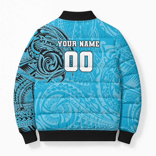Personalized Cronulla Sutherland Sharks Bomber Puffer Jacket Polynesian Tribal Chest and Sleeve Tattoo