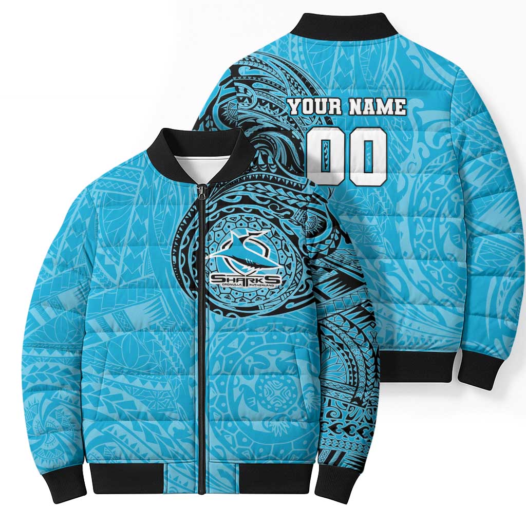 Personalized Cronulla Sutherland Sharks Bomber Puffer Jacket Polynesian Tribal Chest and Sleeve Tattoo