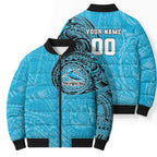 Personalized Cronulla Sutherland Sharks Bomber Puffer Jacket Polynesian Tribal Chest and Sleeve Tattoo