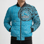 Personalized Cronulla Sutherland Sharks Bomber Puffer Jacket Polynesian Tribal Chest and Sleeve Tattoo