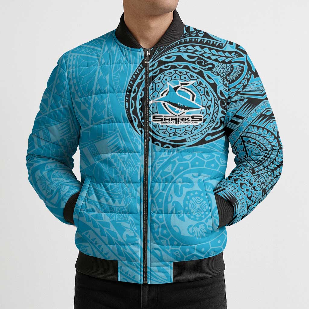 Personalized Cronulla Sutherland Sharks Bomber Puffer Jacket Polynesian Tribal Chest and Sleeve Tattoo
