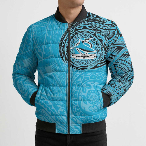 Personalized Cronulla Sutherland Sharks Bomber Puffer Jacket Polynesian Tribal Chest and Sleeve Tattoo