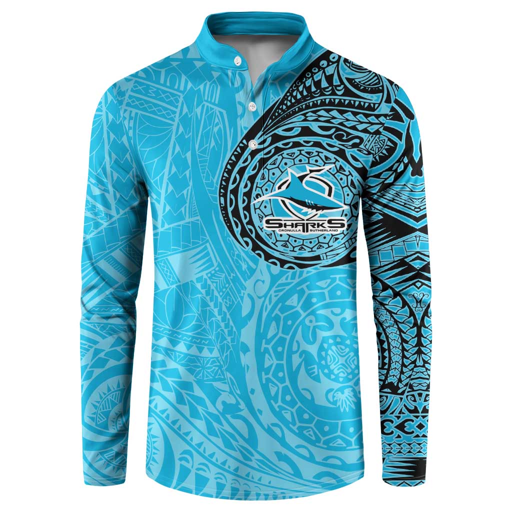 Personalized Cronulla Sutherland Sharks Button Sweatshirt Polynesian Tribal Chest and Sleeve Tattoo