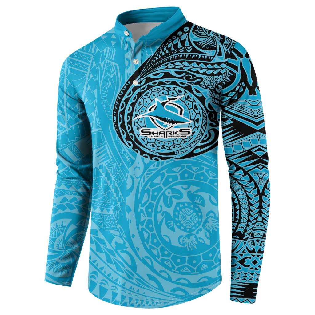 Personalized Cronulla Sutherland Sharks Button Sweatshirt Polynesian Tribal Chest and Sleeve Tattoo