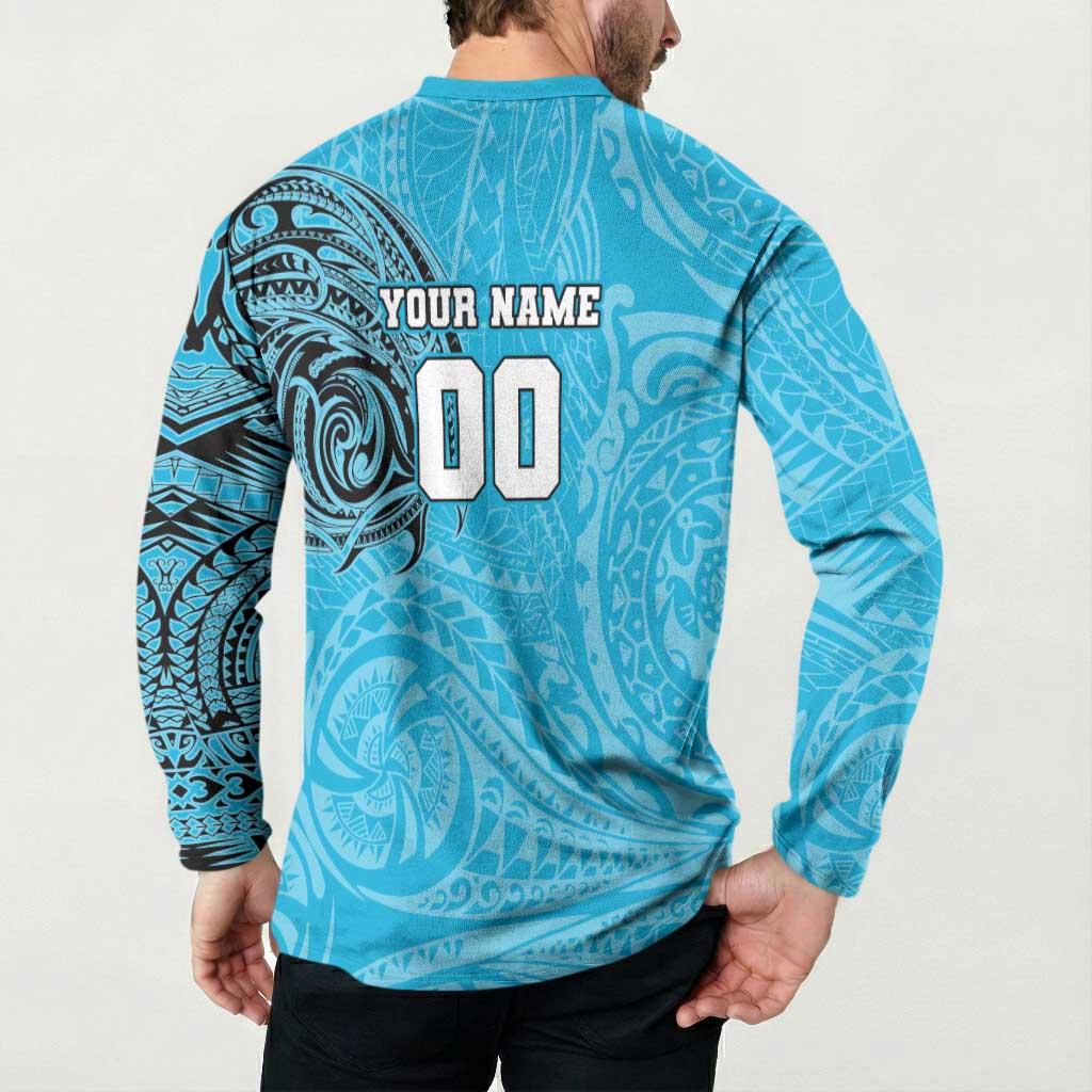 Personalized Cronulla Sutherland Sharks Button Sweatshirt Polynesian Tribal Chest and Sleeve Tattoo