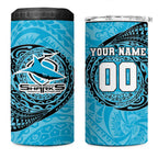 Personalized Cronulla Sutherland Sharks 4 in 1 Can Cooler Tumbler Polynesian Tribal Chest and Sleeve Tattoo