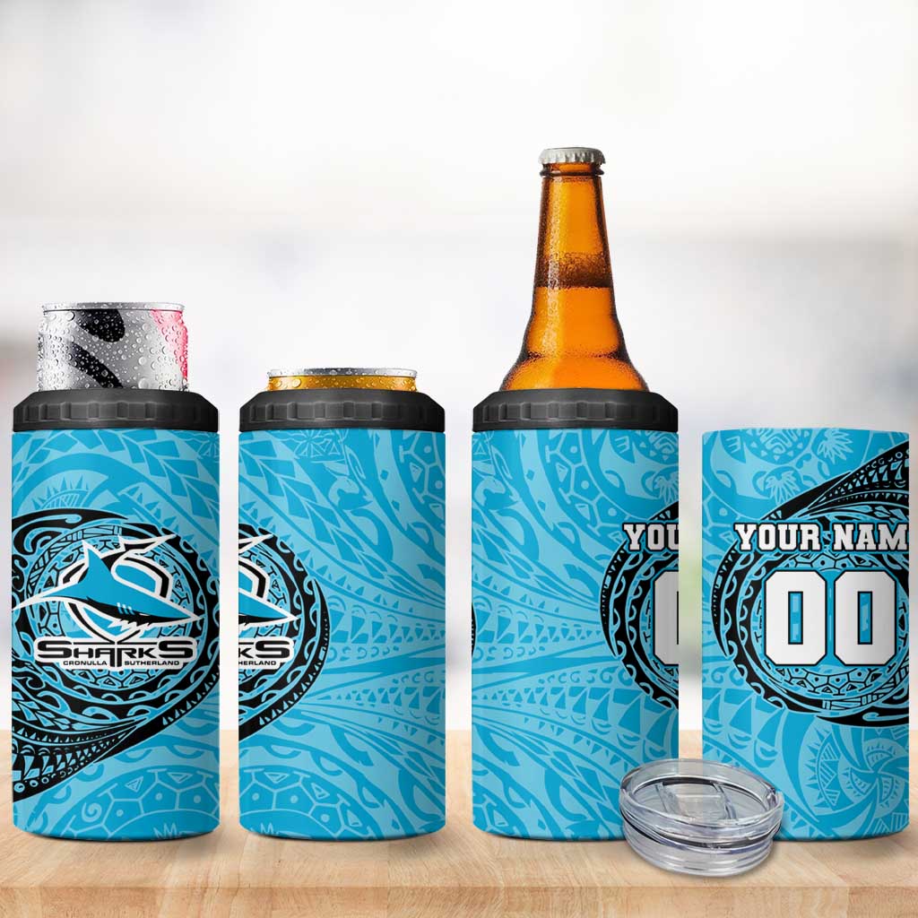 Personalized Cronulla Sutherland Sharks 4 in 1 Can Cooler Tumbler Polynesian Tribal Chest and Sleeve Tattoo