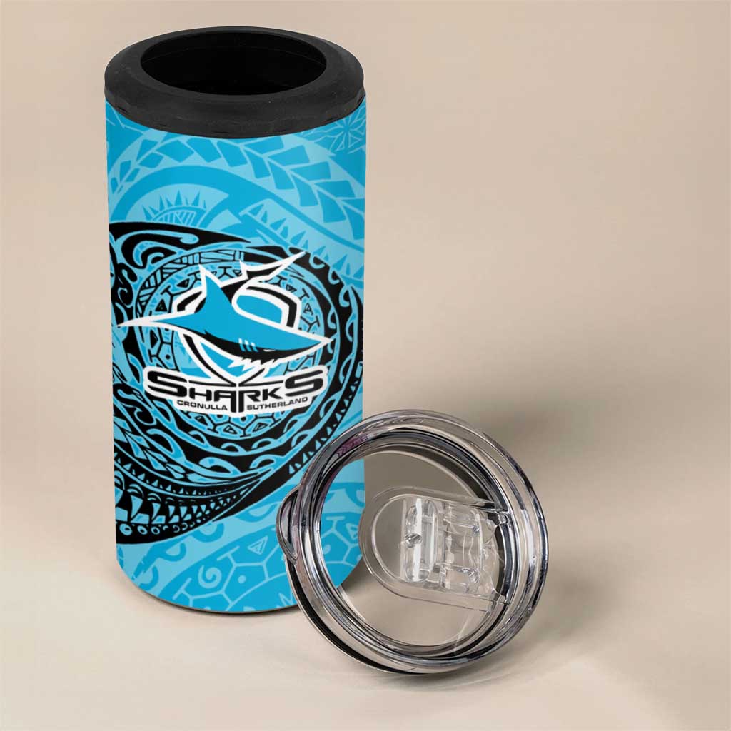 Personalized Cronulla Sutherland Sharks 4 in 1 Can Cooler Tumbler Polynesian Tribal Chest and Sleeve Tattoo