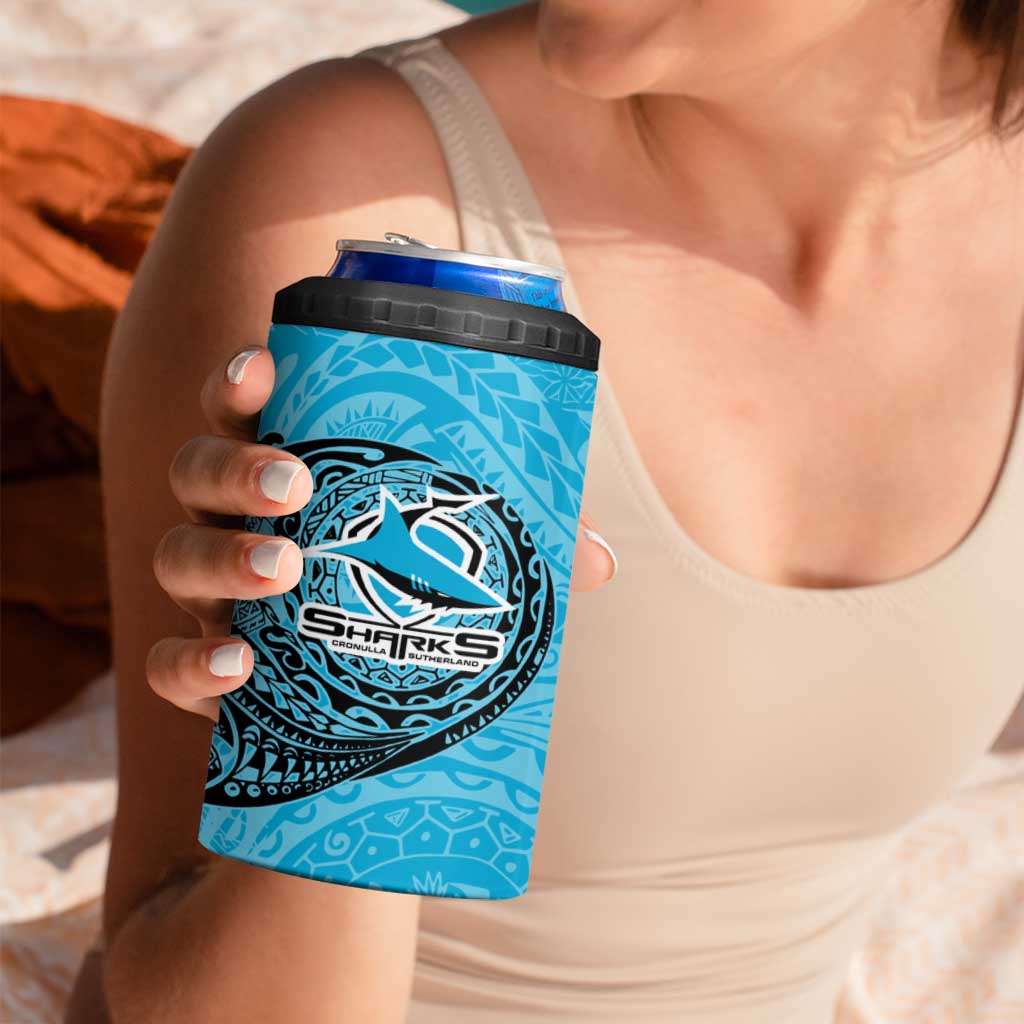 Personalized Cronulla Sutherland Sharks 4 in 1 Can Cooler Tumbler Polynesian Tribal Chest and Sleeve Tattoo