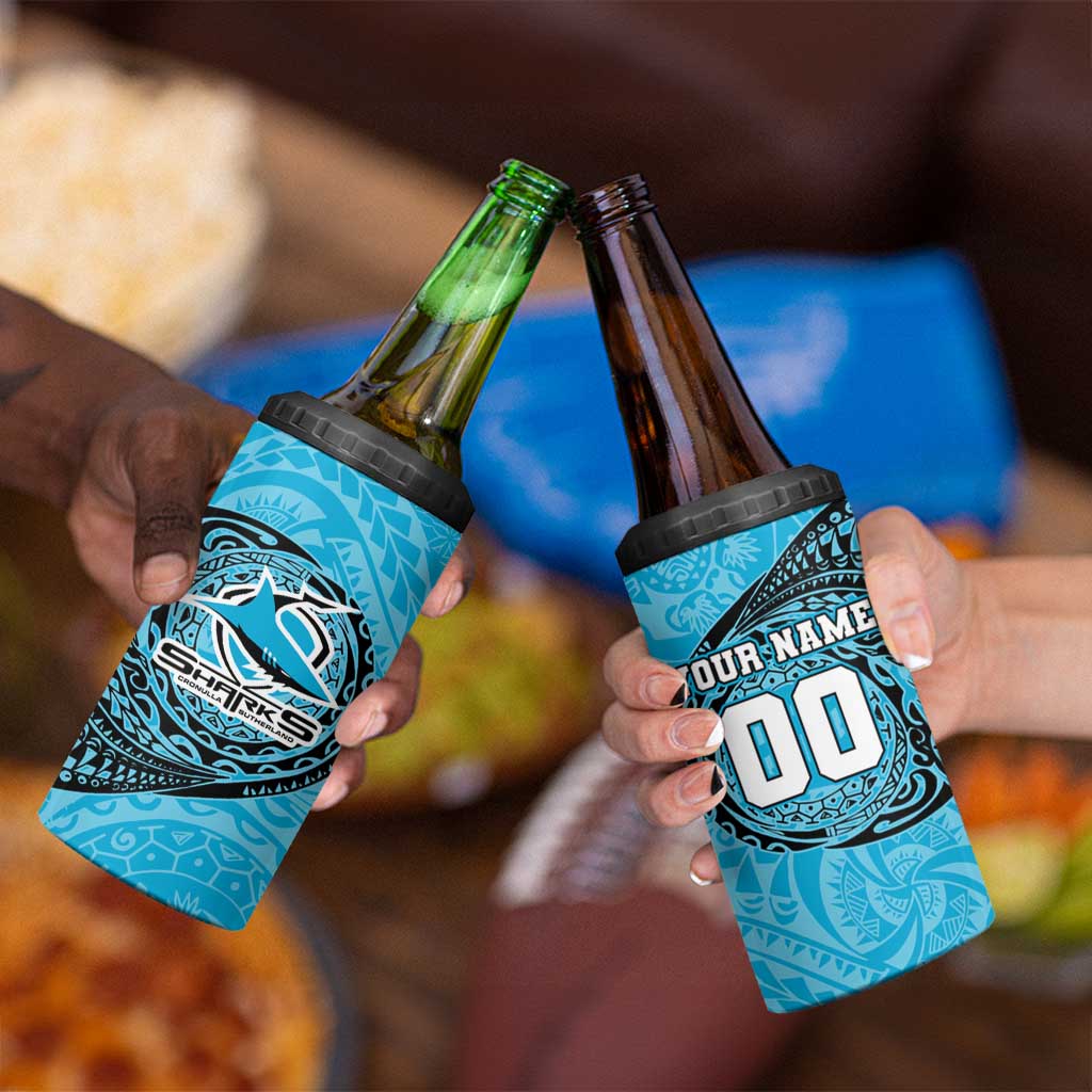 Personalized Cronulla Sutherland Sharks 4 in 1 Can Cooler Tumbler Polynesian Tribal Chest and Sleeve Tattoo