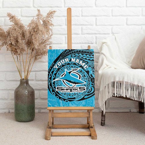 Personalized Cronulla Sutherland Sharks Canvas Wall Art Polynesian Tribal Chest and Sleeve Tattoo