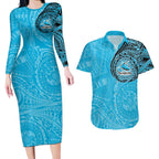 Personalized Cronulla Sutherland Sharks Couples Matching Long Sleeve Bodycon Dress and Hawaiian Shirt Polynesian Tribal Chest and Sleeve Tattoo