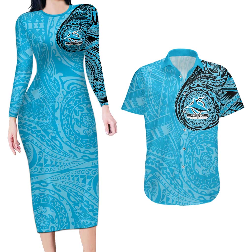 Personalized Cronulla Sutherland Sharks Couples Matching Long Sleeve Bodycon Dress and Hawaiian Shirt Polynesian Tribal Chest and Sleeve Tattoo