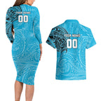 Personalized Cronulla Sutherland Sharks Couples Matching Long Sleeve Bodycon Dress and Hawaiian Shirt Polynesian Tribal Chest and Sleeve Tattoo