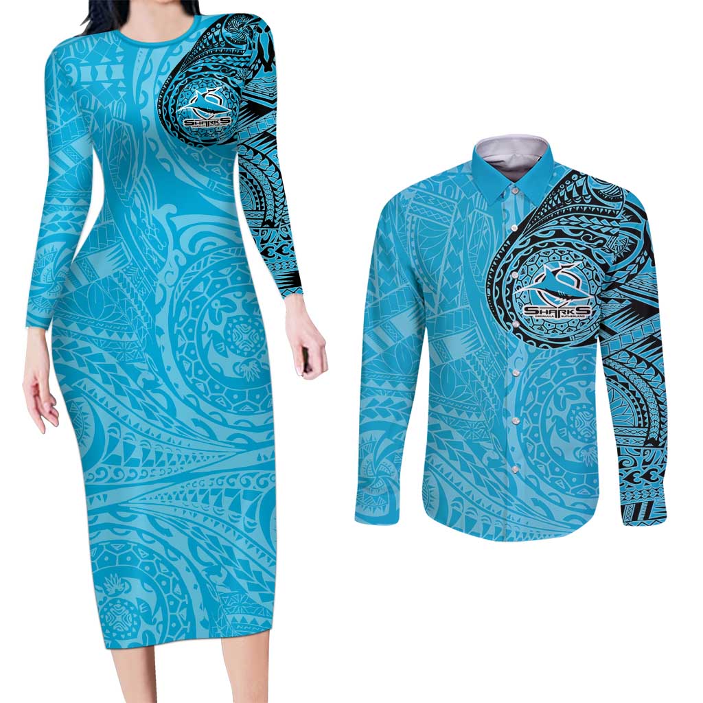 Personalized Cronulla Sutherland Sharks Couples Matching Long Sleeve Bodycon Dress and Long Sleeve Button Shirt Polynesian Tribal Chest and Sleeve Tattoo