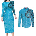 Personalized Cronulla Sutherland Sharks Couples Matching Long Sleeve Bodycon Dress and Long Sleeve Button Shirt Polynesian Tribal Chest and Sleeve Tattoo