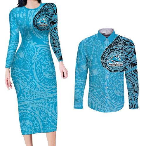 Personalized Cronulla Sutherland Sharks Couples Matching Long Sleeve Bodycon Dress and Long Sleeve Button Shirt Polynesian Tribal Chest and Sleeve Tattoo