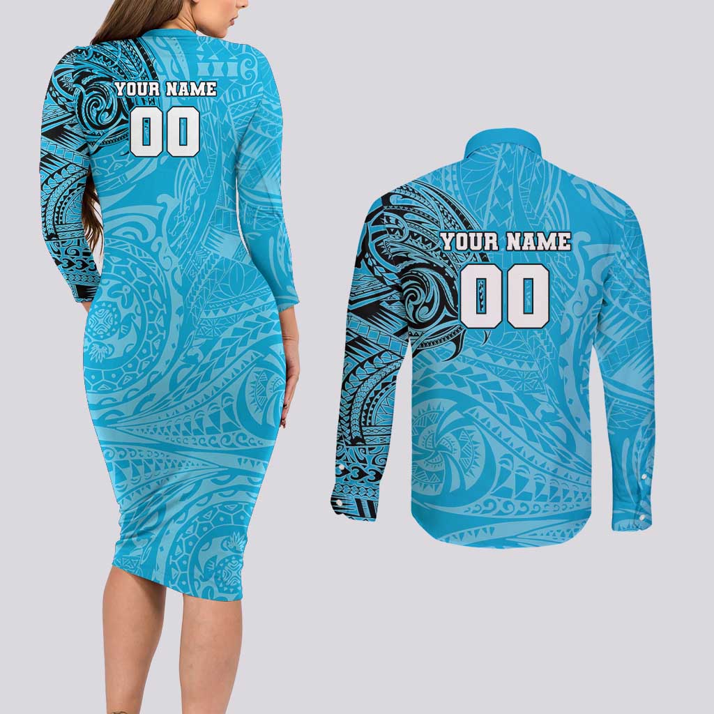 Personalized Cronulla Sutherland Sharks Couples Matching Long Sleeve Bodycon Dress and Long Sleeve Button Shirt Polynesian Tribal Chest and Sleeve Tattoo