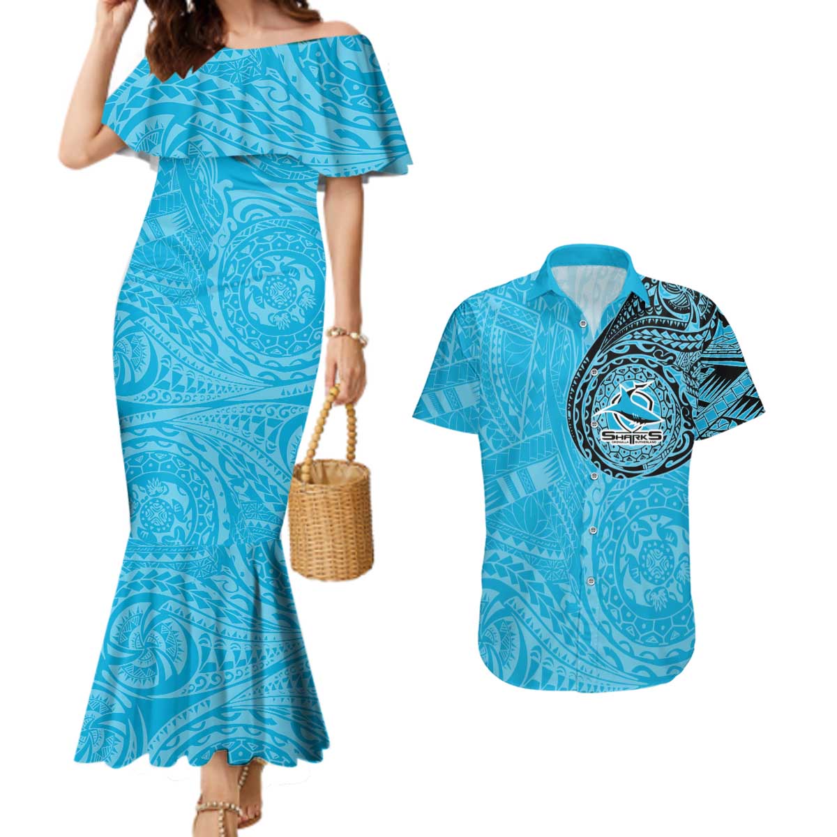 Personalized Cronulla Sutherland Sharks Couples Matching Mermaid Dress and Hawaiian Shirt Polynesian Tribal Chest and Sleeve Tattoo
