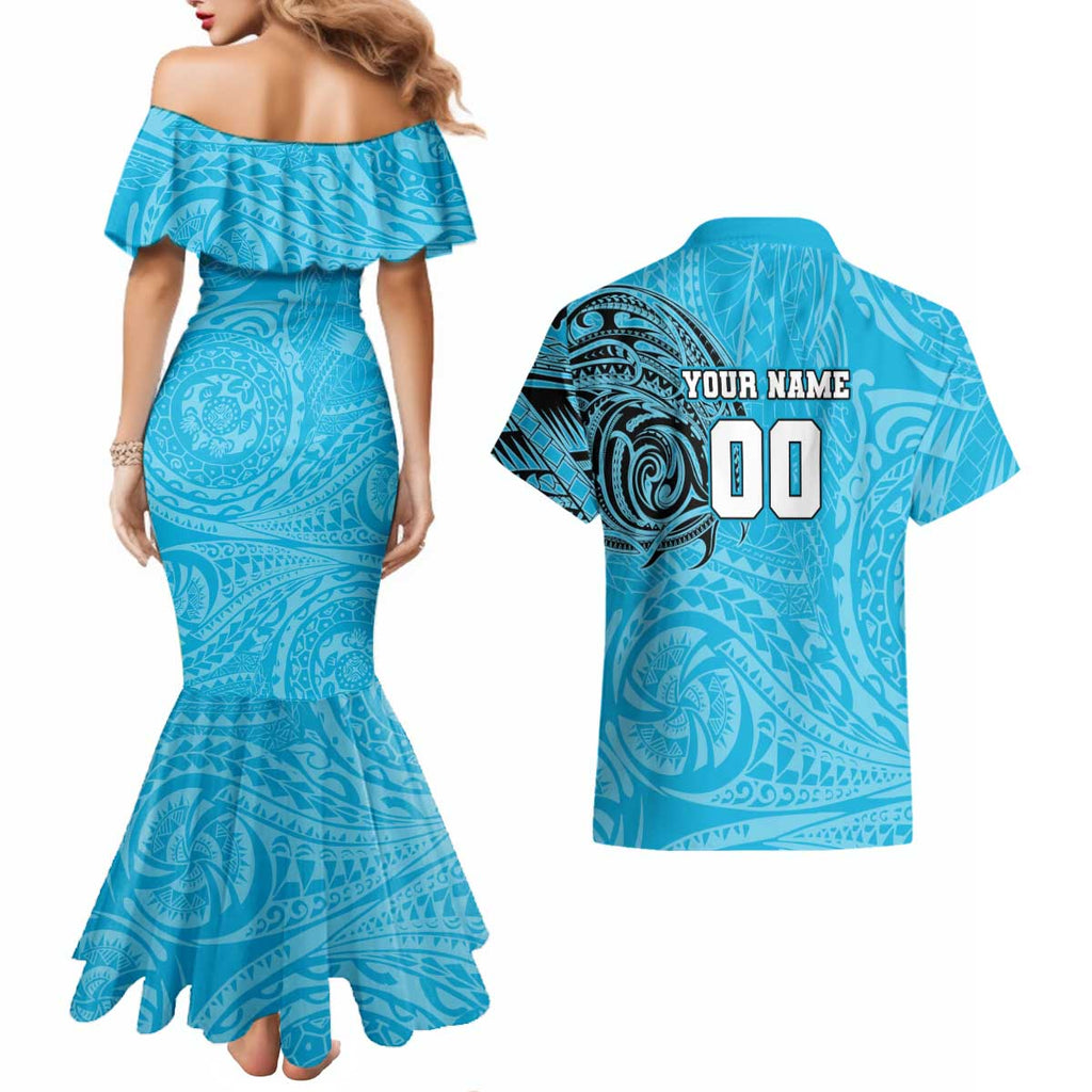 Personalized Cronulla Sutherland Sharks Couples Matching Mermaid Dress and Hawaiian Shirt Polynesian Tribal Chest and Sleeve Tattoo