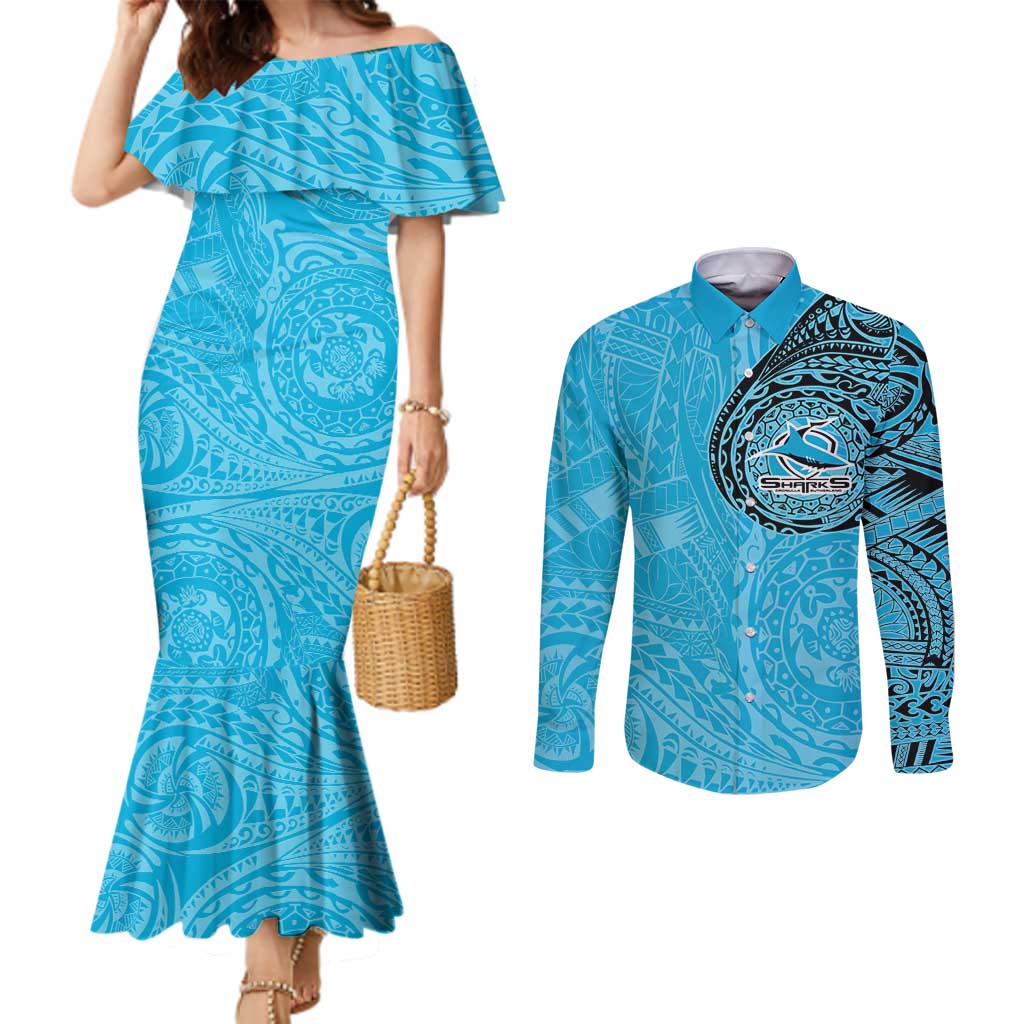 Personalized Cronulla Sutherland Sharks Couples Matching Mermaid Dress and Long Sleeve Button Shirt Polynesian Tribal Chest and Sleeve Tattoo