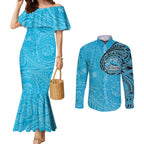 Personalized Cronulla Sutherland Sharks Couples Matching Mermaid Dress and Long Sleeve Button Shirt Polynesian Tribal Chest and Sleeve Tattoo