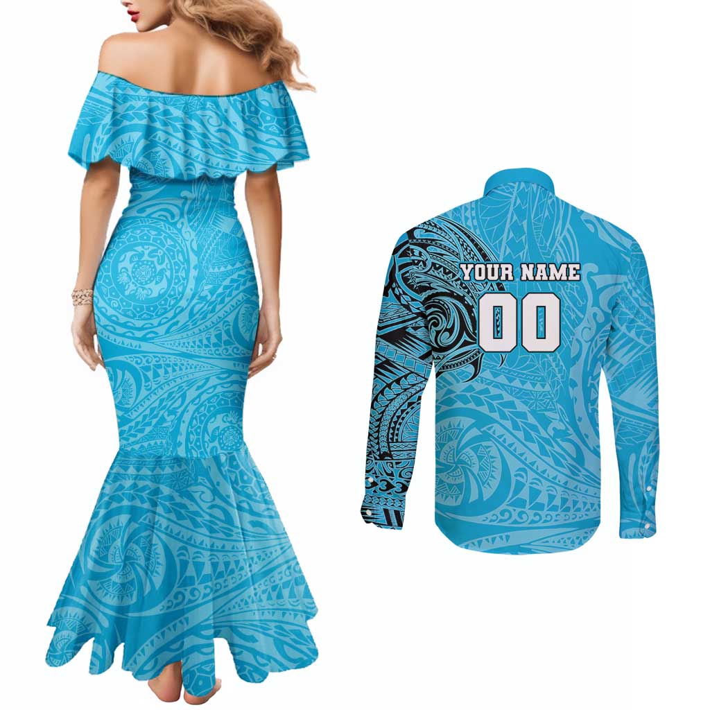 Personalized Cronulla Sutherland Sharks Couples Matching Mermaid Dress and Long Sleeve Button Shirt Polynesian Tribal Chest and Sleeve Tattoo