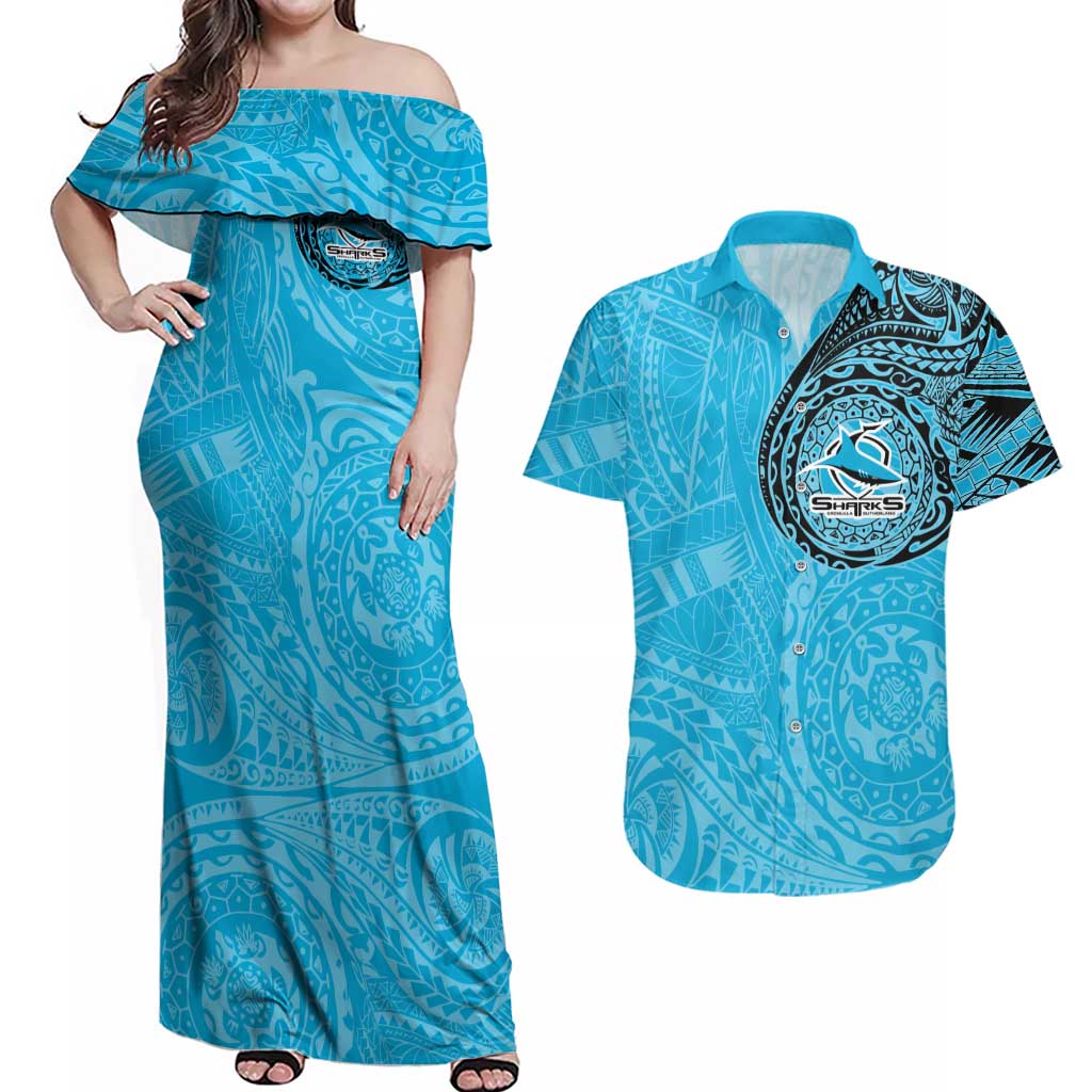 Personalized Cronulla Sutherland Sharks Couples Matching Off Shoulder Maxi Dress and Hawaiian Shirt Polynesian Tribal Chest and Sleeve Tattoo