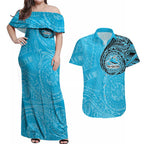 Personalized Cronulla Sutherland Sharks Couples Matching Off Shoulder Maxi Dress and Hawaiian Shirt Polynesian Tribal Chest and Sleeve Tattoo