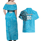 Personalized Cronulla Sutherland Sharks Couples Matching Off Shoulder Maxi Dress and Hawaiian Shirt Polynesian Tribal Chest and Sleeve Tattoo