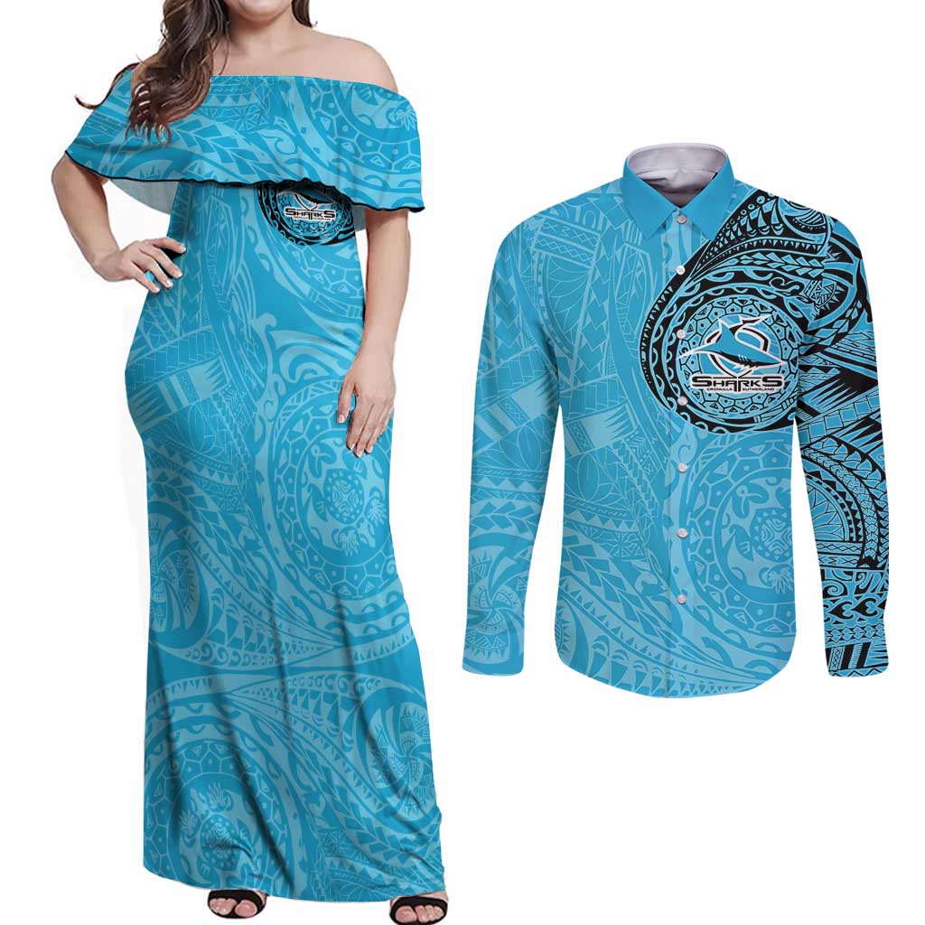 Personalized Cronulla Sutherland Sharks Couples Matching Off Shoulder Maxi Dress and Long Sleeve Button Shirt Polynesian Tribal Chest and Sleeve Tattoo